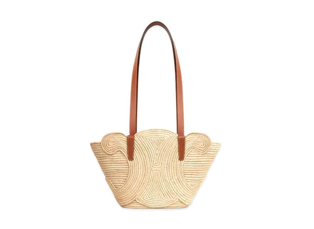 CELINE Classic Panier Small Braided Triomphe in Raffia and calfskin "TAN"