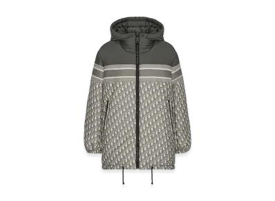 Dior Women's Reversible Long Puffer Jacket Oblique Quilted Technical Taffeta "Gray/Ecru"