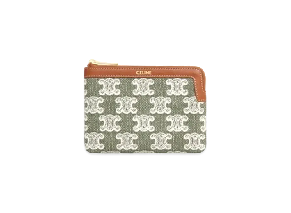 CELINE Coin & Card Pouch in Textile with Triomphe Embroidery "Khaki"