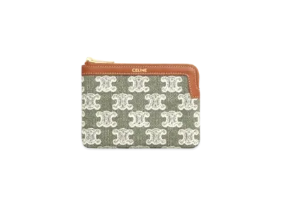 CELINE Coin & Card Pouch in Textile with Triomphe Embroidery "Khaki"