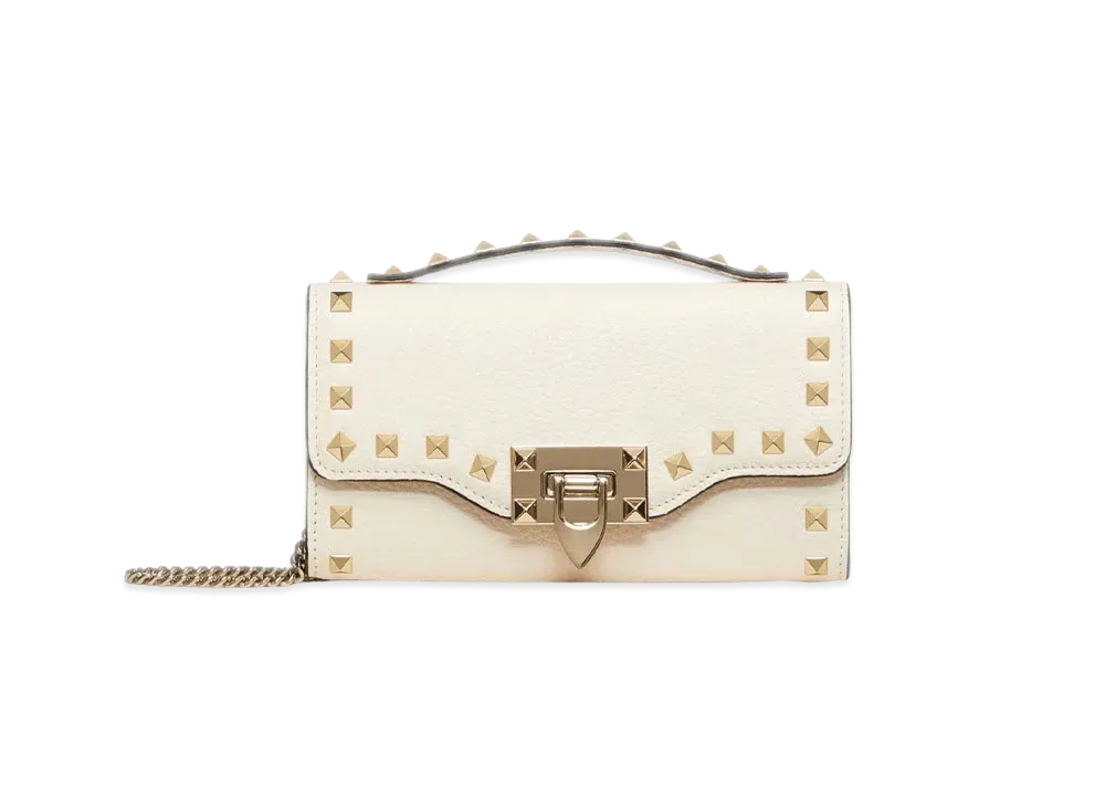 Valentino Rockstud Grainy Calfskin Wallet With Chain Strap "Light Ivory"