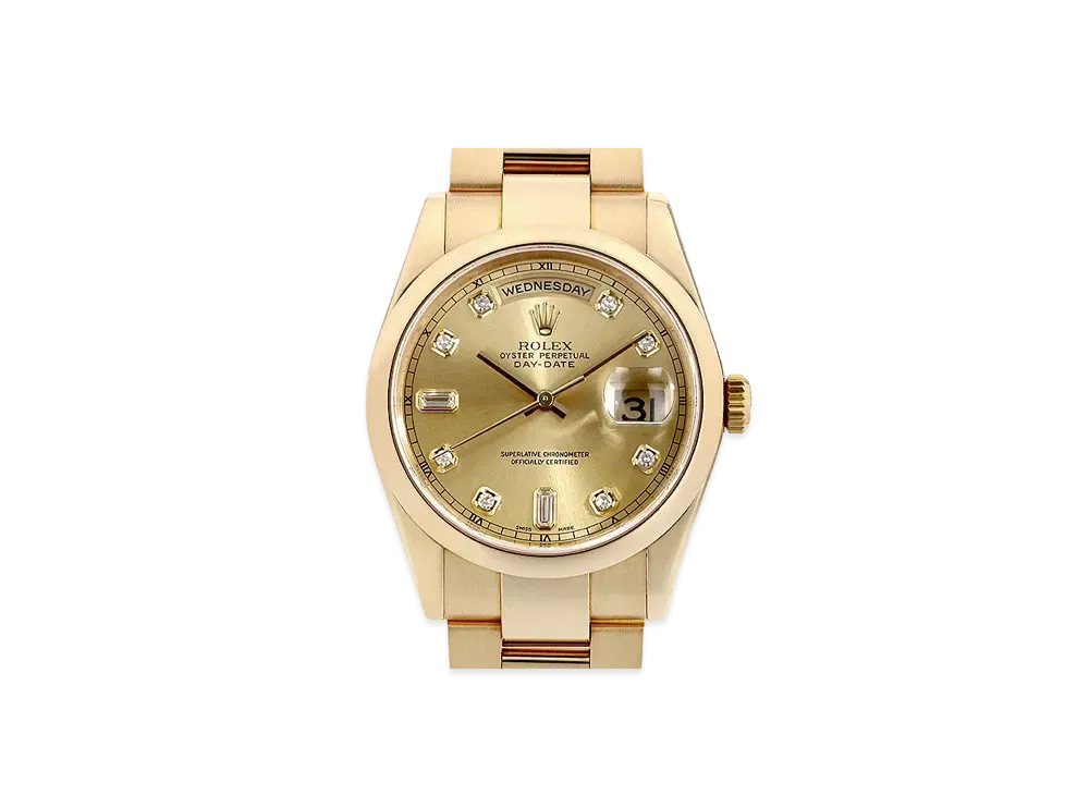 ROLEX Daydate 8P Diamonds/2P Baguette Diamonds "Champagne/Yellow Gold"