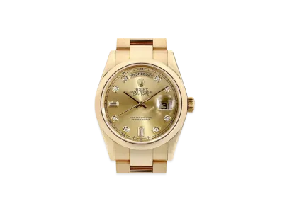 ROLEX Daydate 8P Diamonds/2P Baguette Diamonds "Champagne/Yellow Gold"