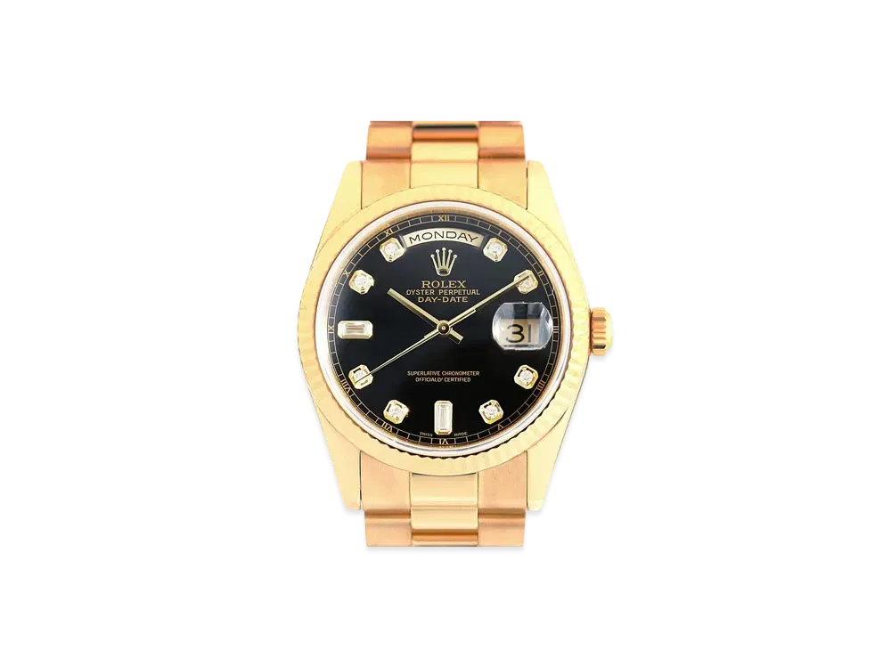 ROLEX Daydate 8P Diamonds/2P Baguette Diamonds "Black/Yellow Gold"