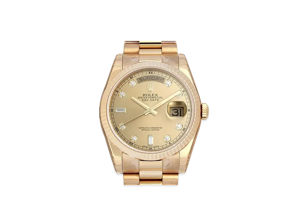 ROLEX Daydate 8P Diamonds/2P Baguette Diamonds "Champagne/Yellow Gold"