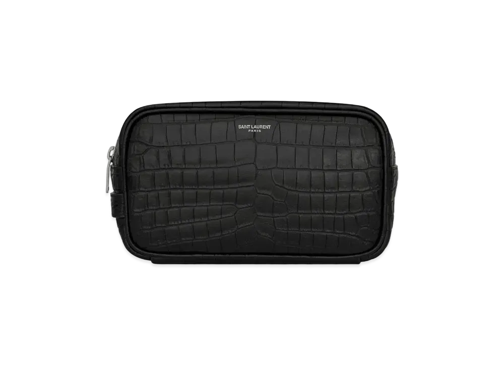 SAINT LAURENT Saint Laurent Paris Small Grooming Case In Crocodile-Embossed Matte Leather "Black"