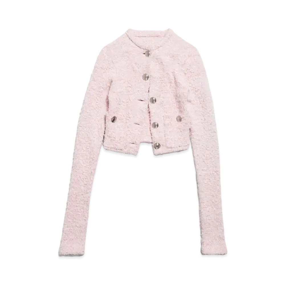 BALENCIAGA Women's Cropped Cardigan Cotton Tweed Knit "Pink"