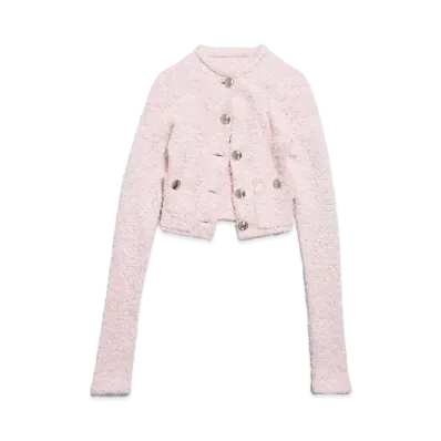 BALENCIAGA Women's Cropped Cardigan Cotton Tweed Knit "Pink"