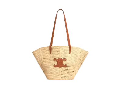 CELINE Celine Classic Panier Medium Couffin in Raffia Patchwork and Calfskin "Natural/Tan"