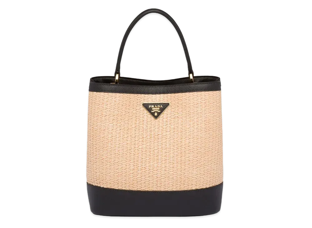 PRADA Panier Medium Straw Bag "Beige/Black"