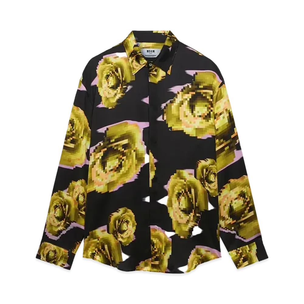 MSGM Satin Shirt With Underground Pixelled Roses Pattern "Navy"