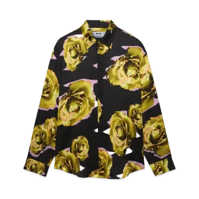 MSGM Satin Shirt With Underground Pixelled Roses Pattern "Navy"