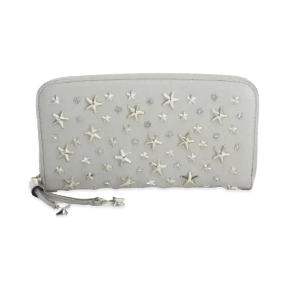 Jimmy Choo Filipa Grainy Calf Leather Zip Around Wallet With Crystal Star Studs "Moonstone"