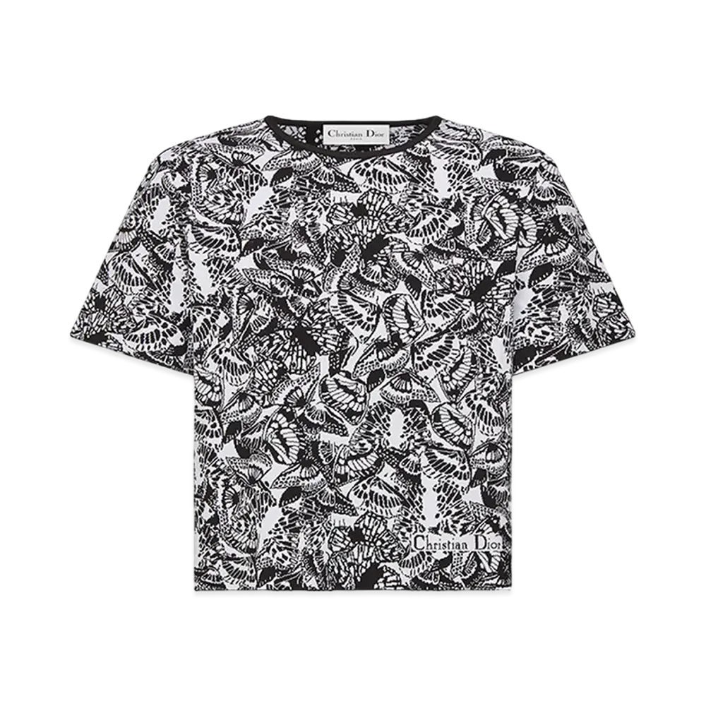Dior Women's Short-Sleeved Top Technical Jacquard Allover Butterfly Motif "Black/White"