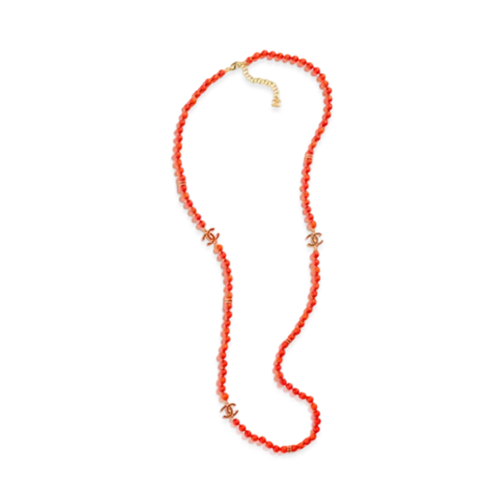 CHANEL Long Necklace Metal, Glass Pearls & Diamantes "Gold/Red"