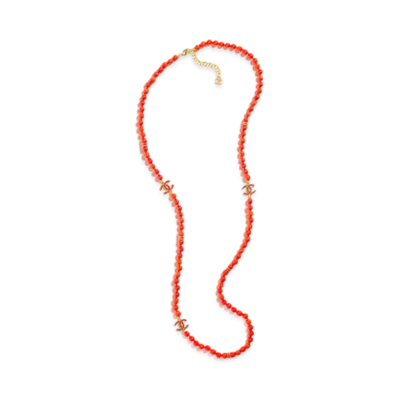CHANEL Long Necklace Metal, Glass Pearls & Diamantes "Gold/Red"