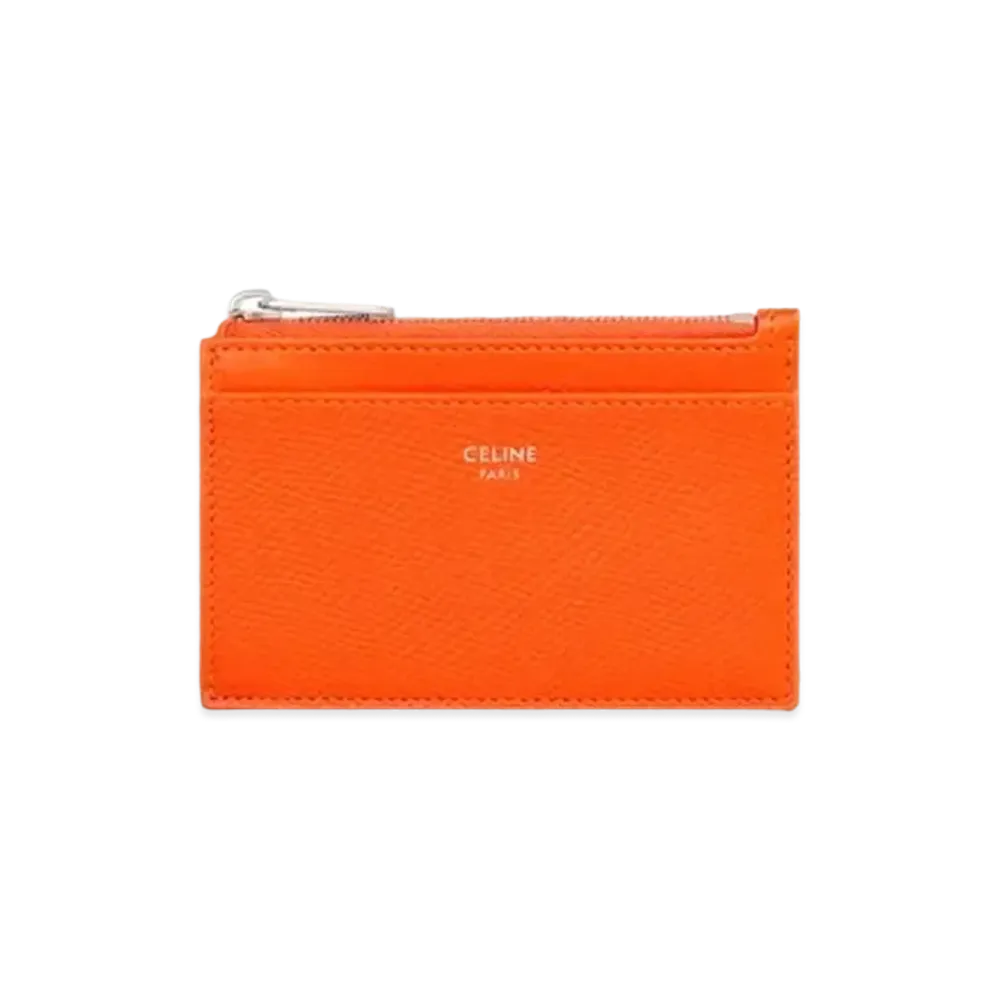CELINE Zipped Card Holder In Grained Calfskin "Fluo Orange"