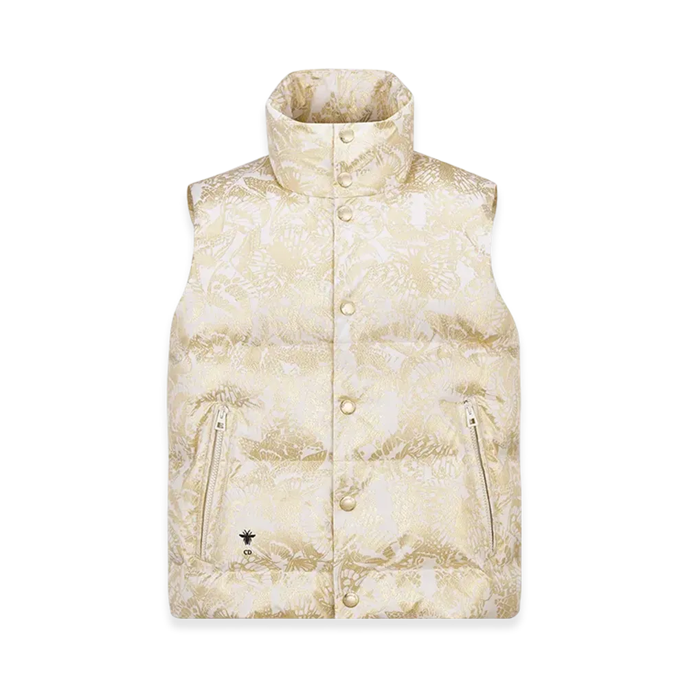 Dior Women's Alps Puffer Vest Quilted Technical Taffeta Gold Tone Allover Butterfly Motif "White/Gold"
