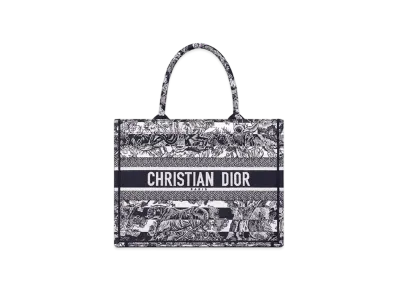 Dior Book Tote Medium Bag Towal De Juy Striped Embroidery "Navy Blue"
