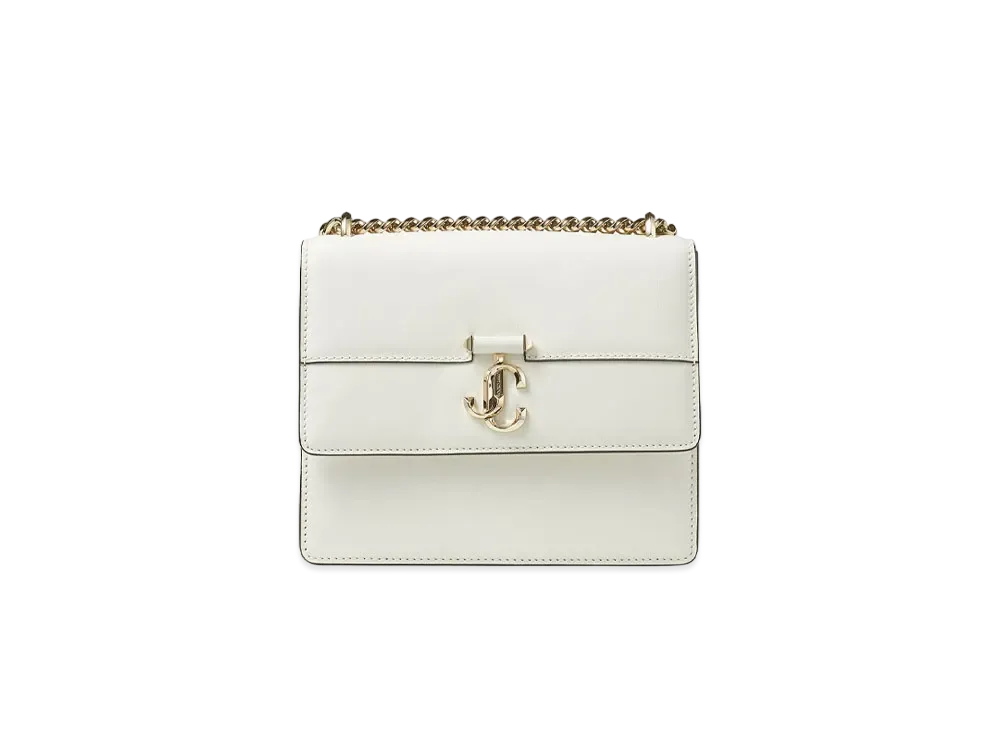 JIMMY CHOO VARENNE QUAD Light Gold JC Logo With Fine Shiny Curf Leather Shoulder Bag "Latte"