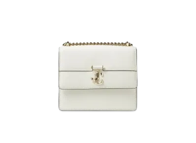 JIMMY CHOO VARENNE QUAD Light Gold JC Logo With Fine Shiny Curf Leather Shoulder Bag "Latte"