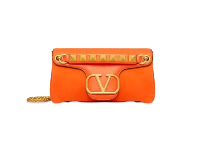 Valentino Studs Sign Nappa Leather Suede Shoulder Bag "Orange"