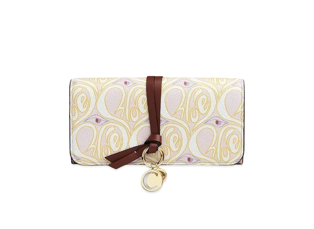 Chloe Women's Alphabet Long Wallet For With Flap In "Hearty"Floral Prints On Grained & Shiny Calfskin "Yellow/Pink"