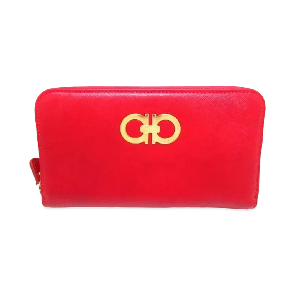 Salvatore Ferragamo Gancini Leather Zip Around Wallet "Red"