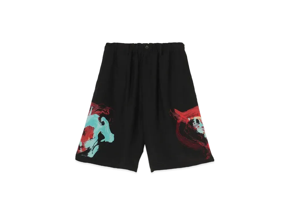 Yohji Yamamoto Pour Homme SILK SATIN ORIGINAL PRINT WIDE ELASTIC PANTS "Black"
