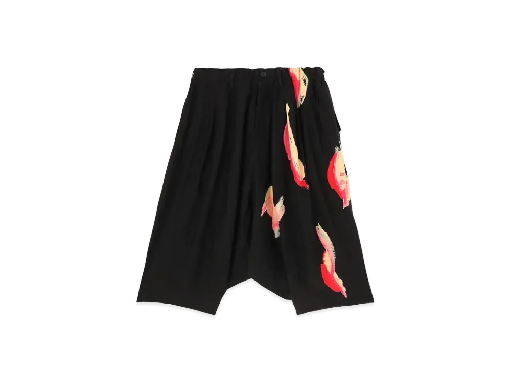 Yohji Yamamoto Pour Homme SILK SATIN PETALS PRINT SARUEL PANTS HALF PANTS "Black"