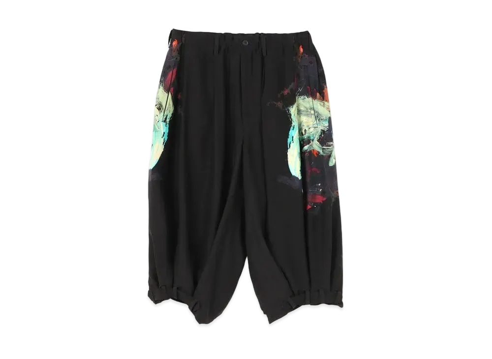 Yohji Yamamoto Pour Homme SILK SATIN EMPTY ROOMS TUB HEM GREEN PAINTED HALF PANTS "Black"
