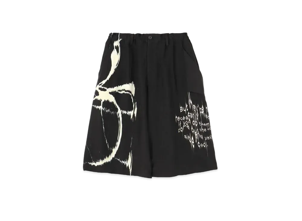 Yohji Yamamoto Pour Homme SILK SATIN LEFT NO FIXING MESSAGE PRINT HALF PANTS "Black"