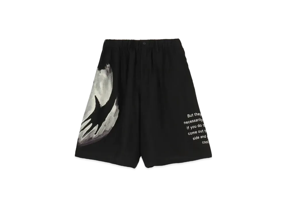 Yohji Yamamoto Pour Homme SILK SATIN PAINTED LEFT HAND&LETTER HALF PANTS "Black"