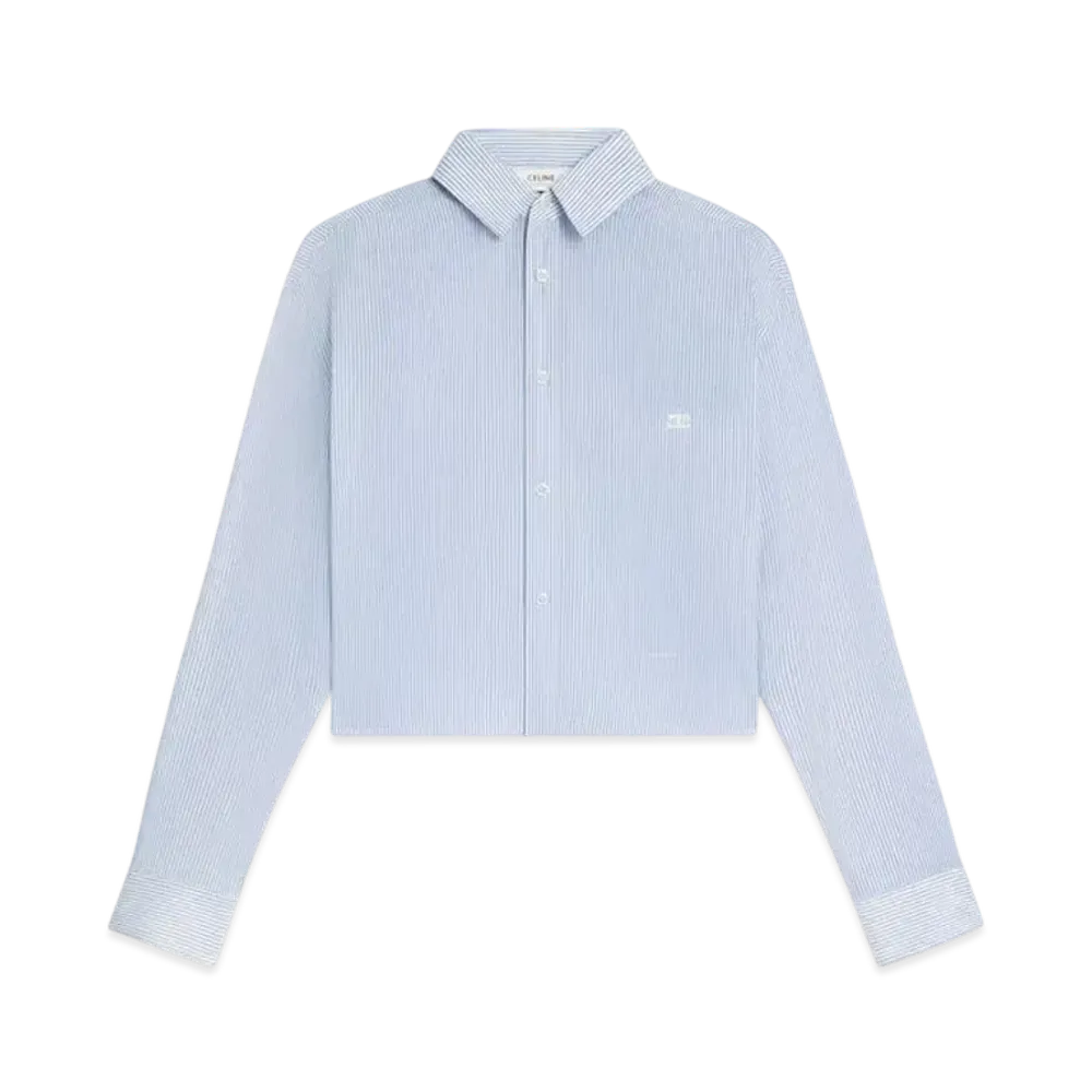 CELINE Women's Cropped Shirt in Striped Cotton Linen "Craie/Bleu Ciel/Marine"