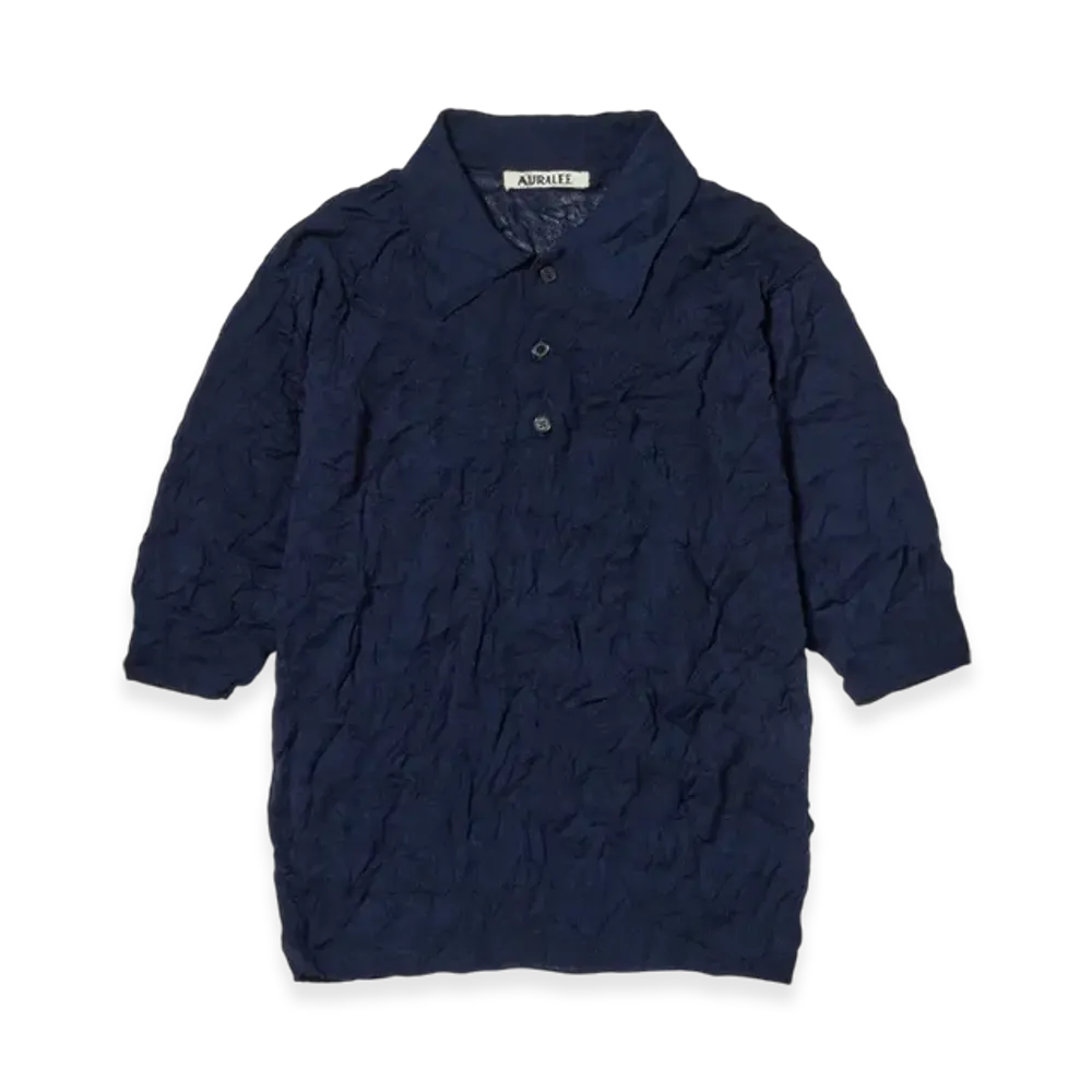 AURALEE Wrinkled Wool Polyester High Gauge Knit Polo "Navy"