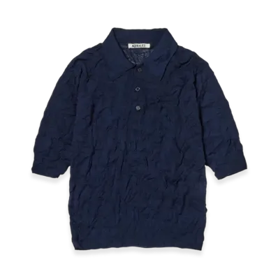 AURALEE Wrinkled Wool Polyester High Gauge Knit Polo "Navy"