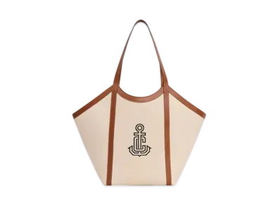 CELINE Large Cabas in Textile with Anchor Embroidery and Calfskin "Natural/Tan"