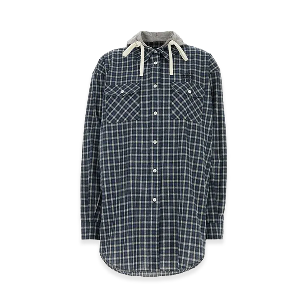 MIU MIU Women's Check-Pattern Hooded Shirt "Blue"