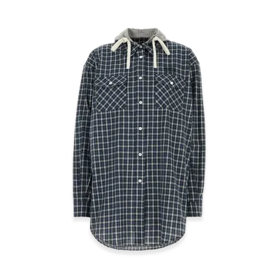 MIU MIU Women's Check-Pattern Hooded Shirt "Blue"