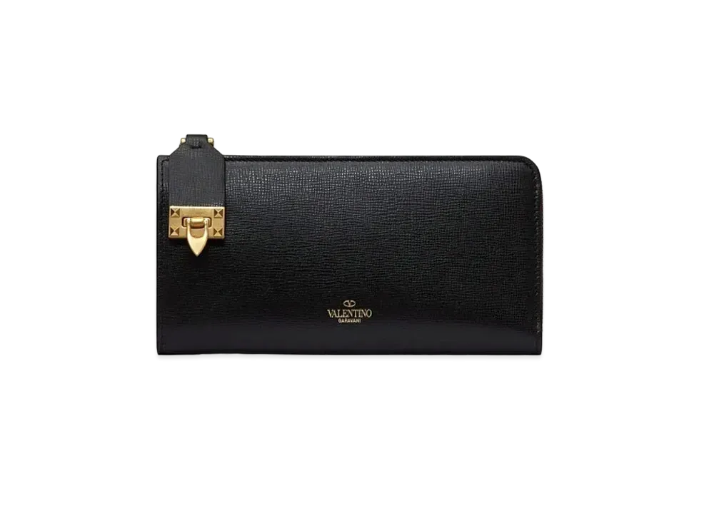 Valentino Garavani Rockstud Calfskin Wallet With Zipper "Black"