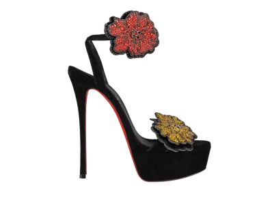 Christian Louboutin Women's Button Flower Strass Loubi Queen Alta 150mm Platform Sandals Shun Sudo x Christian Louboutin Exclusive Capsule Collection "Black"