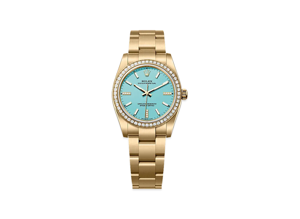 ROLEX Oyster Perpetual 34 Yellow Gold Diamond "Turquoise Blue"