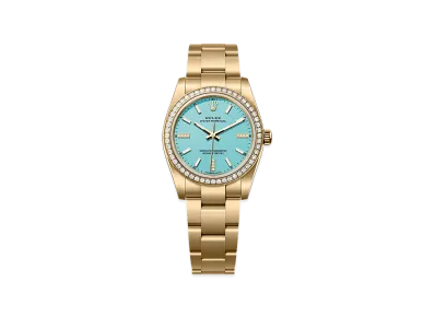 ROLEX Oyster Perpetual 34 Yellow Gold Diamond "Turquoise Blue"