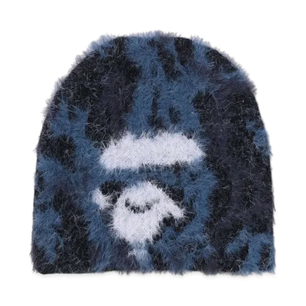 A BATHING APE Wild Leopard Pattern Ape Face Knit Cap "Navy"