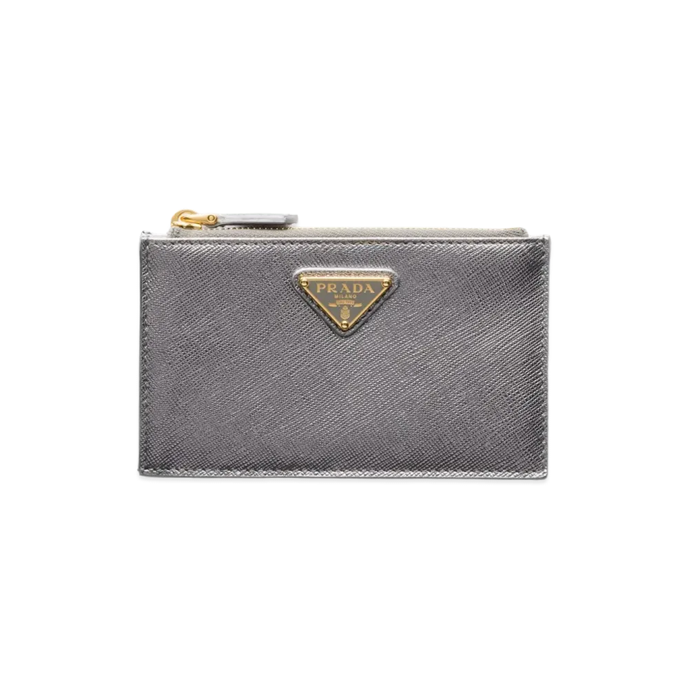 PRADA Saffiano Triangle Card Case "Chrome Silver"