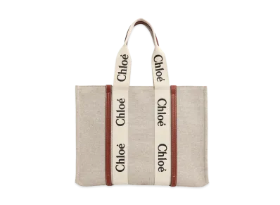 Chloe Large Woody Tote Bag In Cotton Canvas & Shiny Calfskin With Woody Ribbon "Brown"