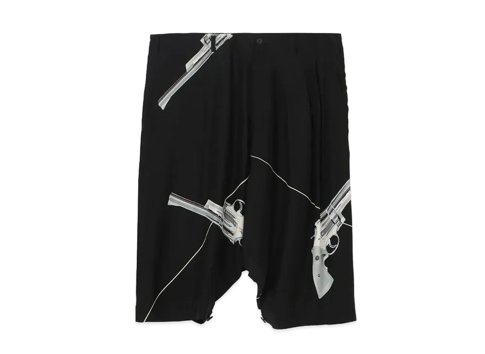 Yohji Yamamoto Pour Homme SILK SATIN GUN PRINT GUSSET SAROUEL PANTS "Black"
