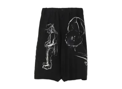 Yohji Yamamoto Pour Homme YUUKA ASAKURA SILK SATIN SKETCH & INK PAINTING PRINT SHORT PANTS "Black"