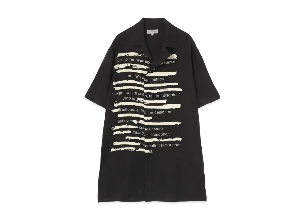 Yohji Yamamoto Pour Homme SILK SATIN RANDOM FILLED SENTENCE PRINT HALF SLEEVES ALOHA SHIRT "Black"