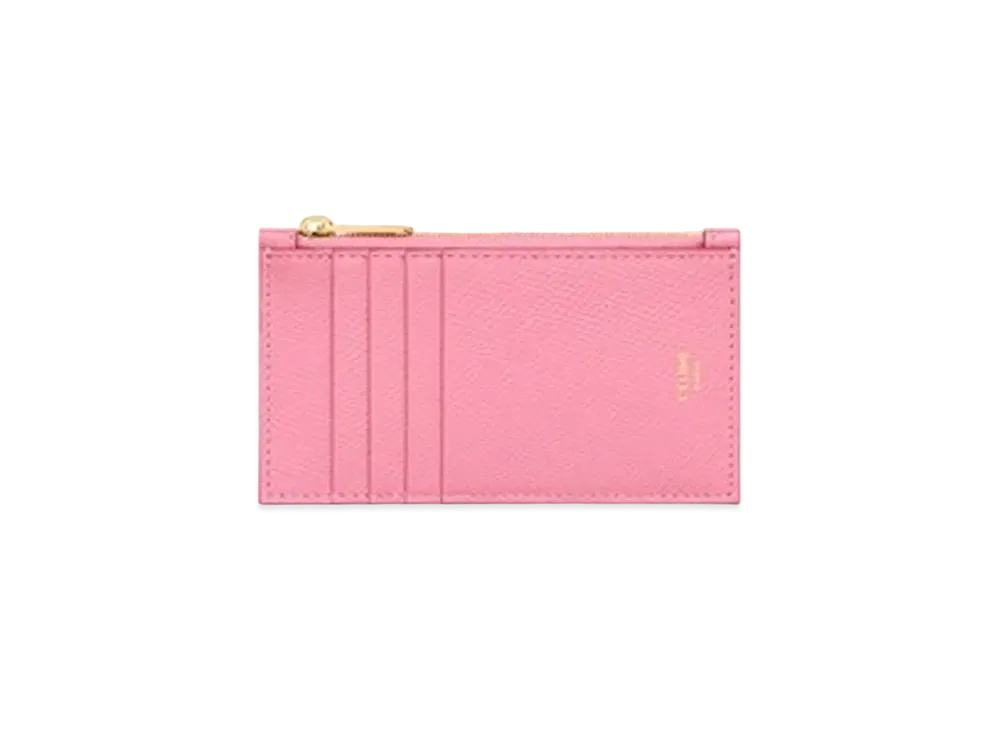 CELINE Zipped Compact Card Holder In Grained Calfskin "Flamingo"